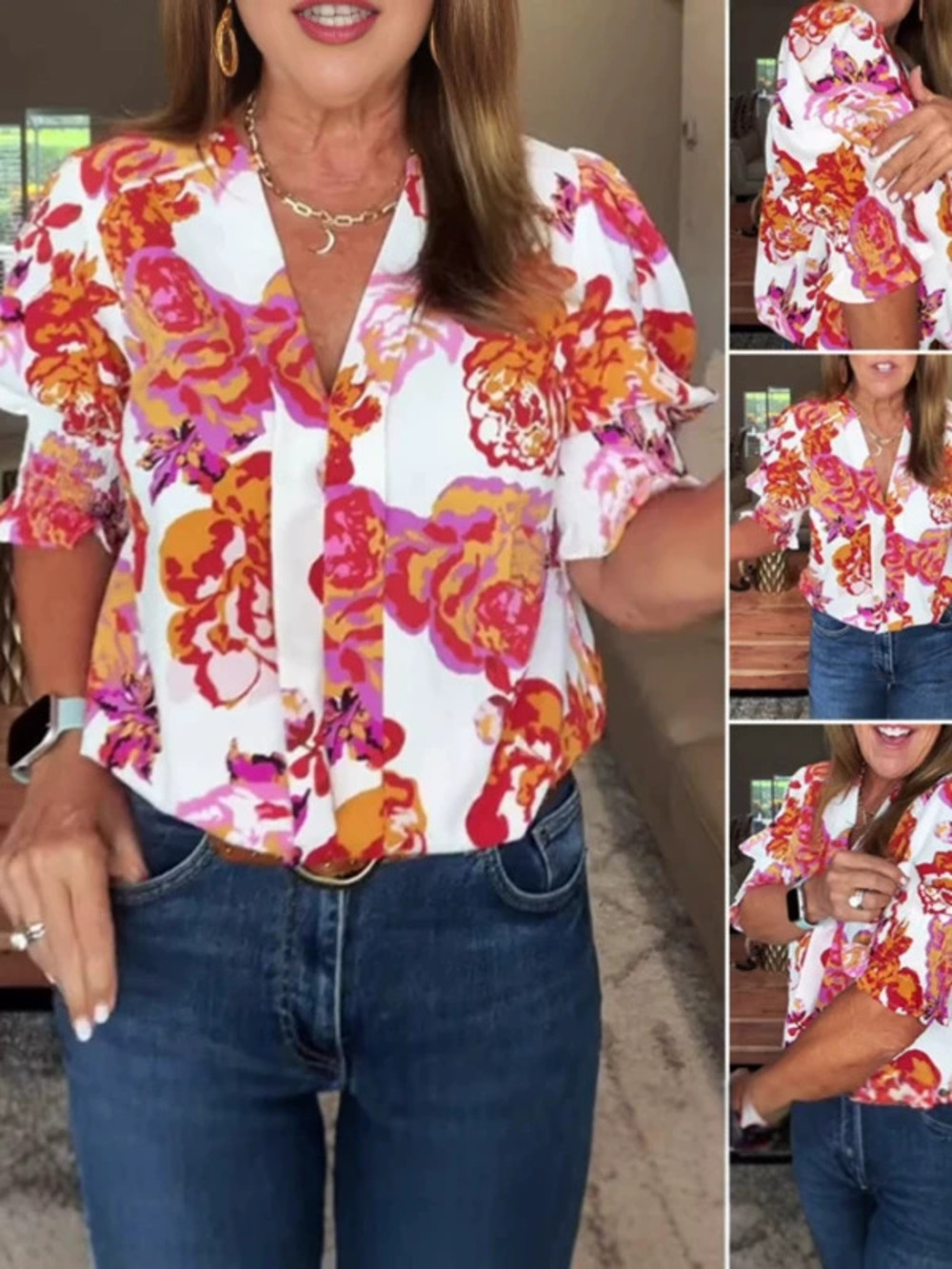 ZARA Elegant Puff Sleeve Floral Print Blouse with Collar